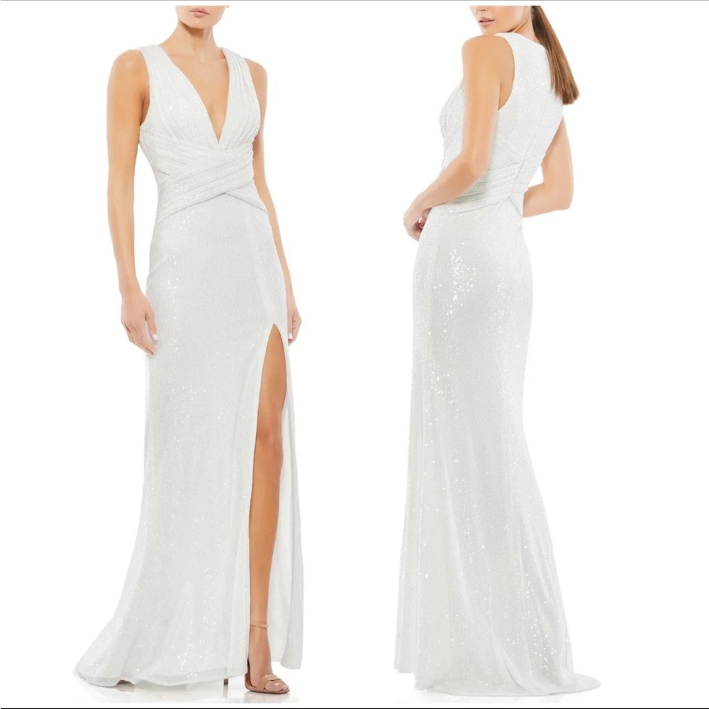 Leena for Mac Duggal V-Neck Sequin Wrap Waist Gown White Side Slit Size 8